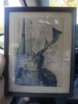 Framed Sailing Ship Etching Print