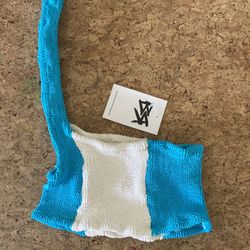 NWT BOHO ROSE One Shoulder Crop Top Crinckle Bikini Blue and White