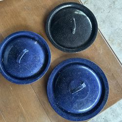 3 Vintage Enamelware Pot Lids 