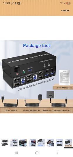 USB 3.0 HDMI Dual Monitor KVM Switch 2 Port, 4K@60Hz for Computers Share Monitors and 3 Ports, Audio Microphone Output, Wired Remote Cables Included