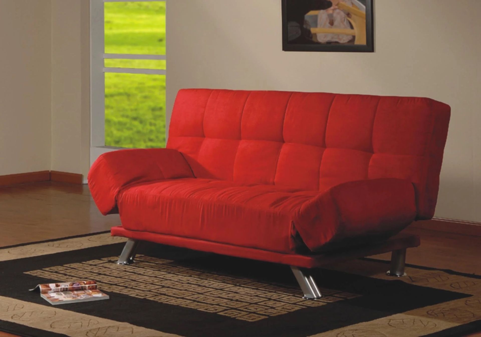 Red Velvet Futon Sofa W/ Adjustable Arms