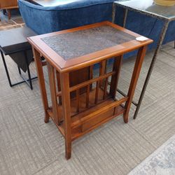 Embossed Floral Top Side Table w/Magazine Record Storage