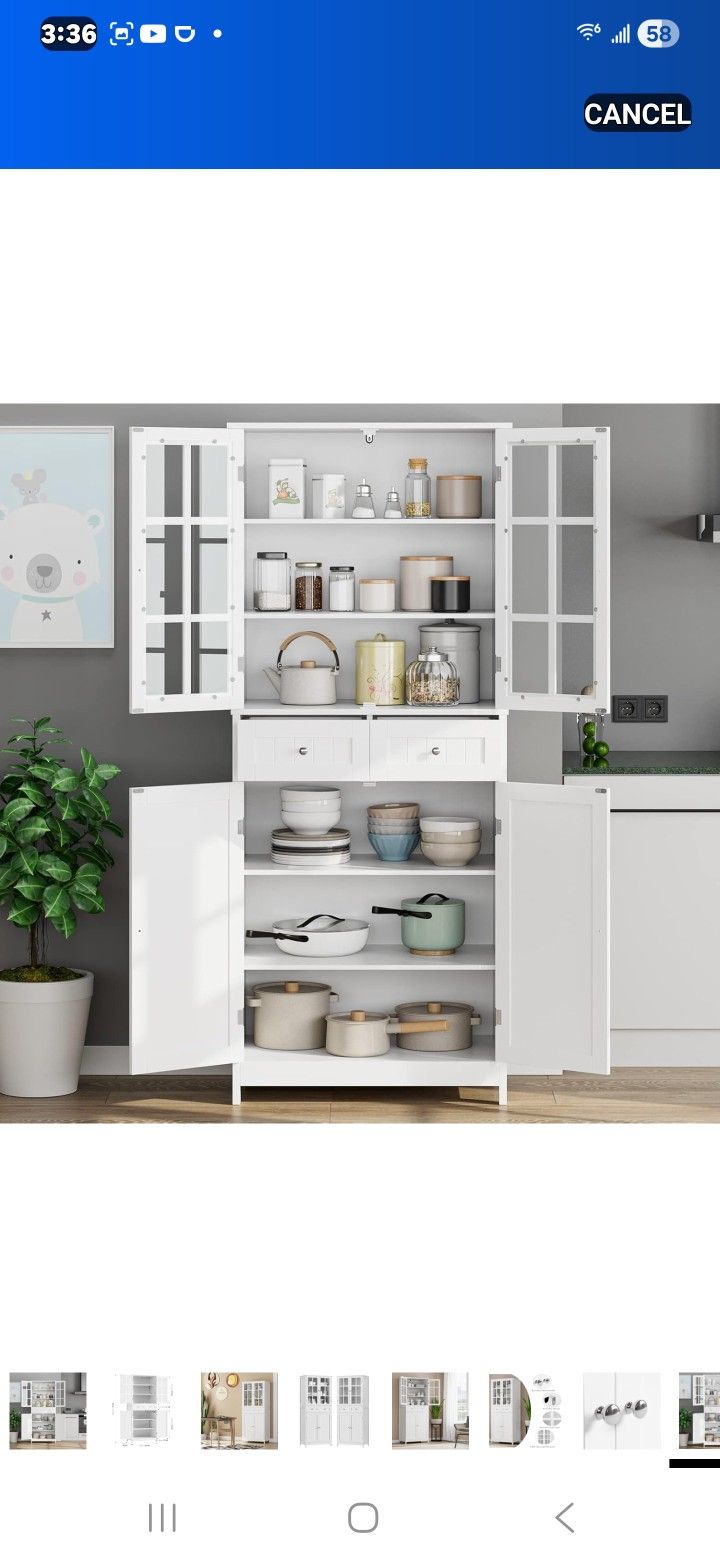 KITCHEN PANTRY STORAGE CABINET WITH DRAWER-DOORS AND SHELVES