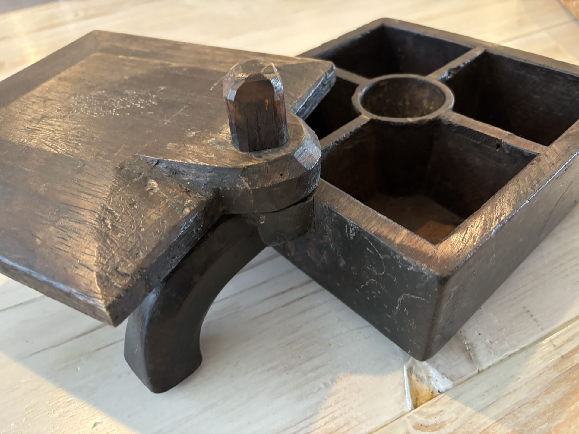 Antique Indian Teak Spice / Tikka Box W/Swivel Lid