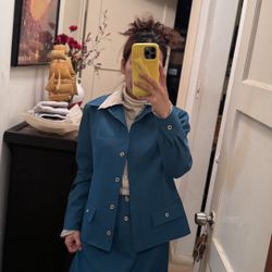 Vintage Blue Skirt Suit with Button-Up Jacket 1970