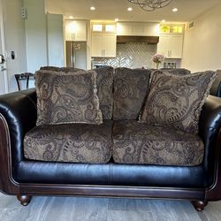 Dark Brown Leather Fabric Loveseat Couch