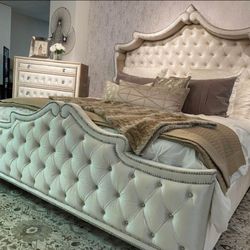 JH-$39 Down Payment For Financing Anotella Cream Tufted Velvet Upholstered Queen King Bed Nightstand Chest Dresser With Mirror Bedroom Set 