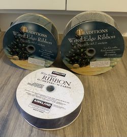 Gold Striped Wired Edge and green Christmas Ribbon 50 Yards x 2.5"  Blue ribbon 50 yards x 1.5 NEW 