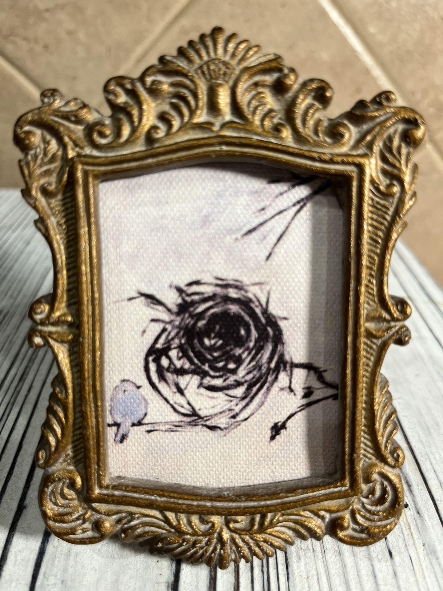 Vintage Faux Brass Resin Small Framed Picture of Bird & Nest