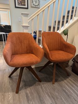 Mid century Modern Rust 360 Swivel Upholstered Chairs with Wood