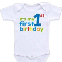 NEW! "It's My First Birthday" Boutique Baby Bodysuit Onesie, Unisex, Short Sleeve, White 12m