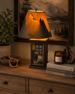 Vintage Fishing Shadow Box Table Lamp with Mountain Silhouette Shade