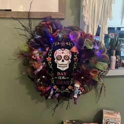 Day Of The Dead Halloween Colorful Skull Handmade Light Up Wreath Hanging Home Decor 20” D