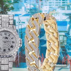 1 Ct CZ Watches With Gold Cuban Link Branclet 