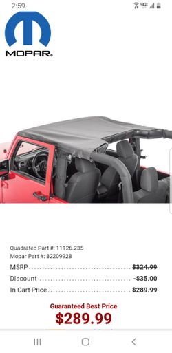 Sun Bonnet / bikini top for 2 door JK jeep Mopar OEM