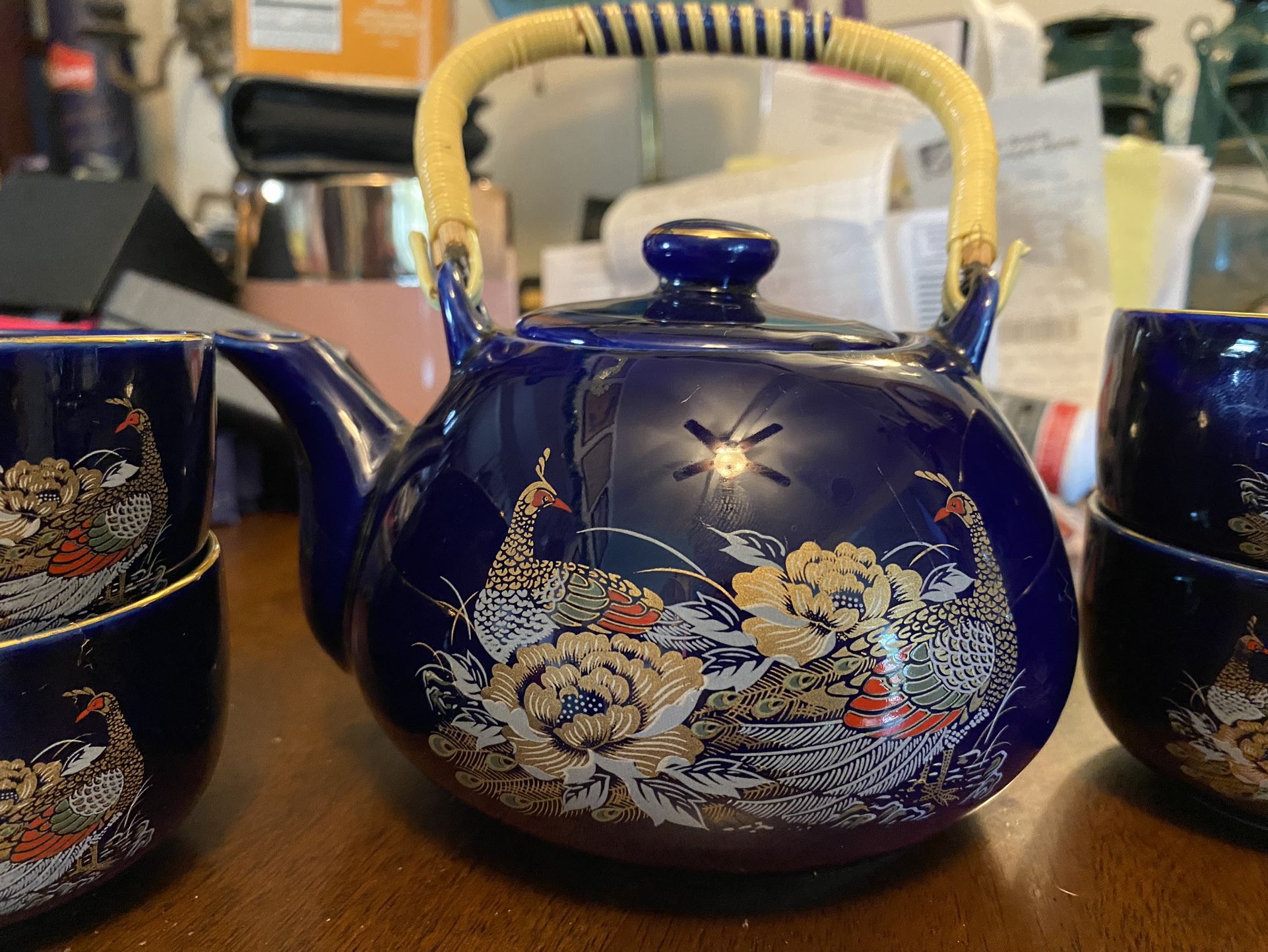 Japanese Peacock Tea Set - Teapot & 6 Teacups