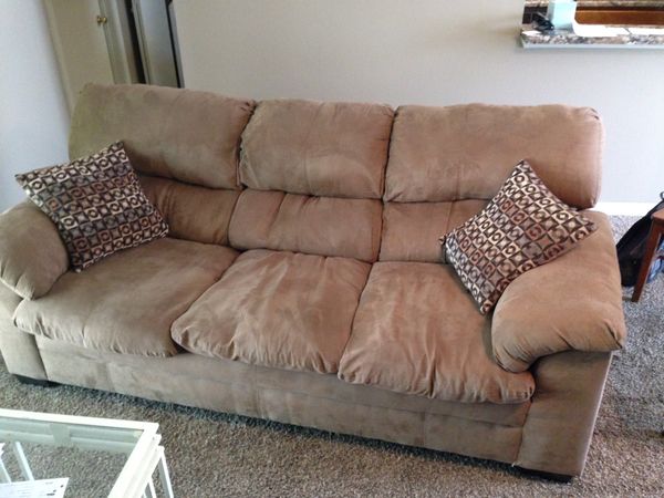 Brown Microsuede Couch With Two Throw Pillows For Sale In Brown Microsuede Couch With Two Throw Pillows For Sale In