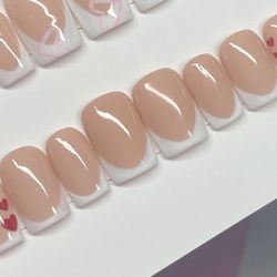 Short square nude Press on nails white French tips, hearts