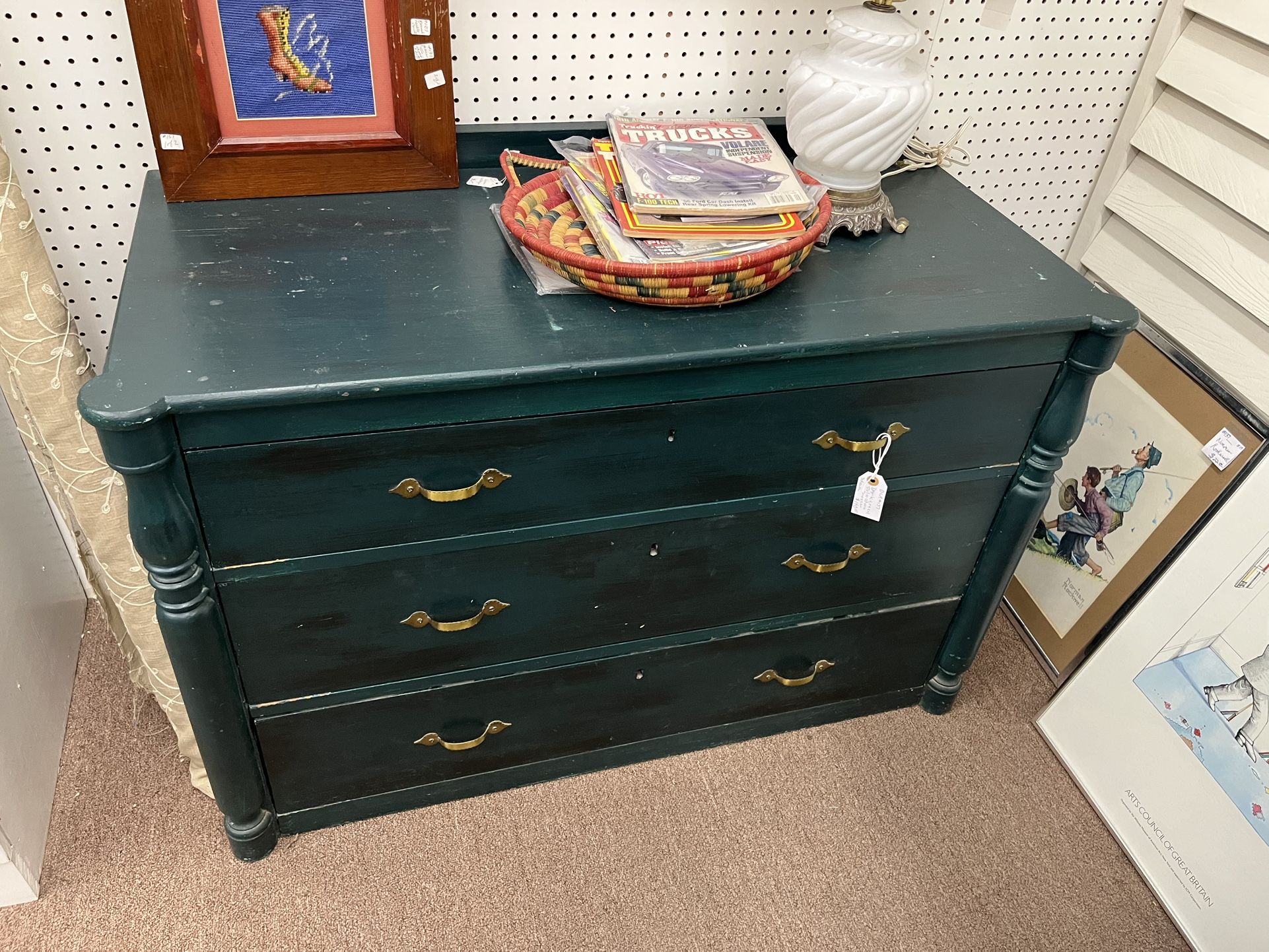 Antique Dark Green Solid Wood Dresser