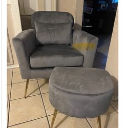 Modern Gray Chair Gold LegsWith Pillow And Ottoman 