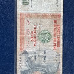 Peru 50 Intis Banknote Peruvian Currency World Paper Money Memorabilia Note