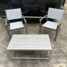  New, Firm, Foxborough Patio Coffee Table Gray with 2 Ryegate Weathered Teak Patio Sling Dining Chairs