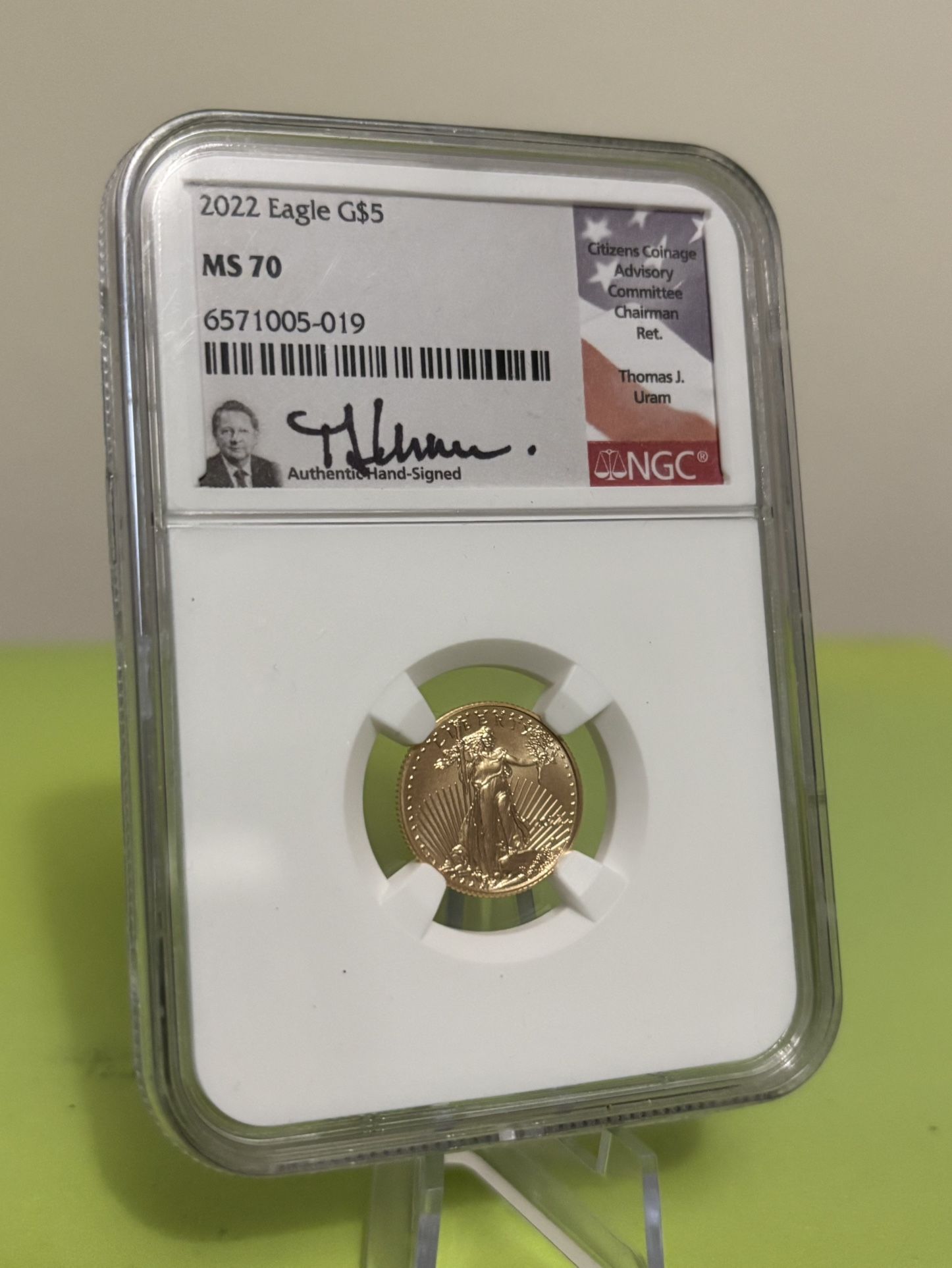 2022 $5 American Gold Eagle Thomas Uram 1/10 Oz MS70 NGC.