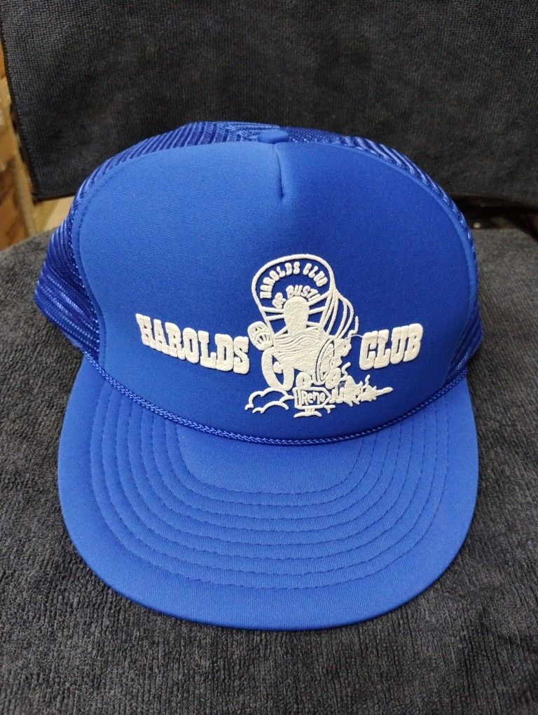Vintage Harolds Club Casino trucker style snap back hat, blue/white, "Harold's Club or Bust"