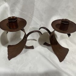 Vintage MCM Mid Century Modern Hand Forged Pair Of Solid Copper Candle Holders