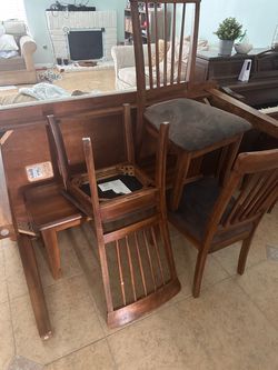 Wooden table, 4 chairs and bench