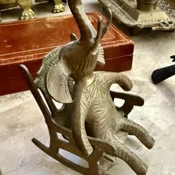 Antique 1920s Solid Brass 6.5” Elephant in a Rocking Chair