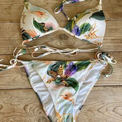 Tropical 2 Piece White Floral Bikini Women's sz M Padded Top Ties