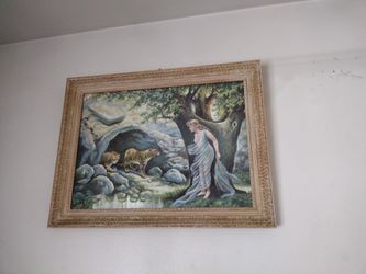 Framed Classical Painting Woman and Tiger