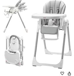 3-in-1 Foldable Baby High Chair with Removable Seat & Tray, Adjustable Height & Recline, Locking Wheels(KK0023GR)-$119