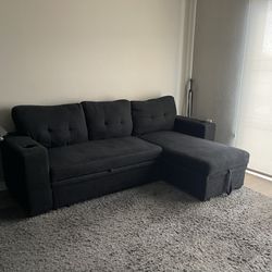 Black Sectional Couch w/ Pullout Sleeper (with Sofa Cover)