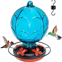 26 OZ Glass Hummingbird Feeder for Outdoors Hanging - Hand-Blown Hot Air Balloon Design - Leak-Proof & Ant Moat - Garden Decor Gift for Mom, Blue 