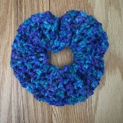 Handmade Crochet Scrunchie – Chunky Blue & Purple Hair Accessory, Cozy Boho Style