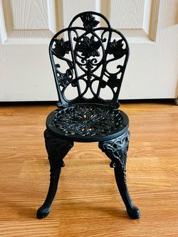 Vintage Miniature Cast Iron Garden Bistro Chair - Plant Stand - Doll Size Display - 13 1/8 Inches Tall