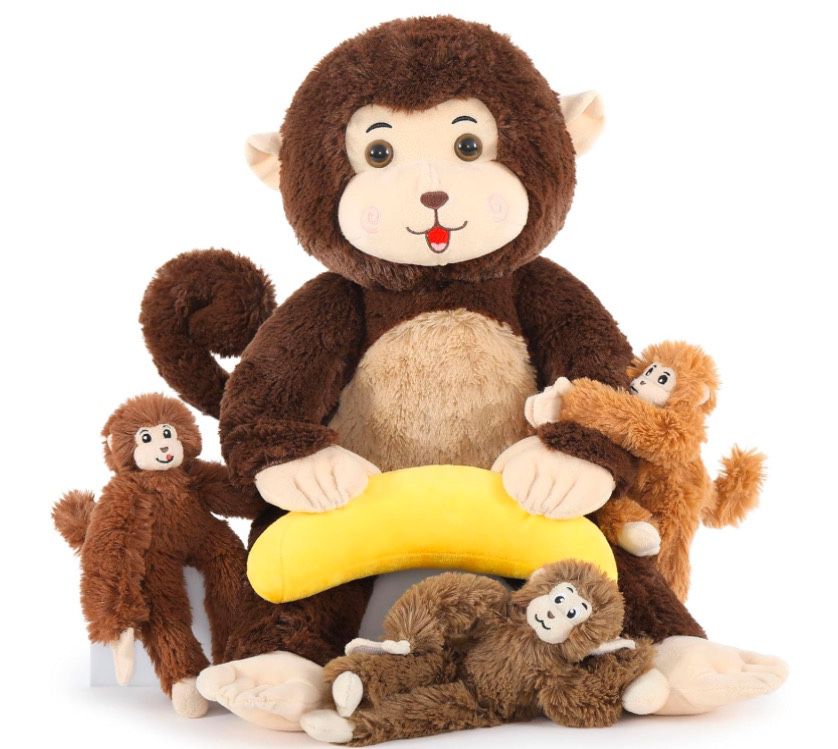 Large Stuffed Monkey with Babies & Banana- New with Tags