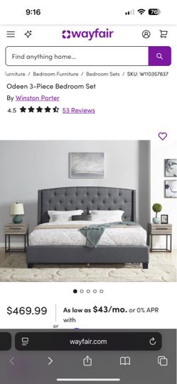 Gray Upholstered Bed + Matching Nightstands
