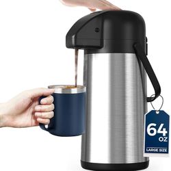 64oz Stainless Steel Airpot Coffee Dispenser with Pump – Keeps Drinks Hot 24H/Cold 36H