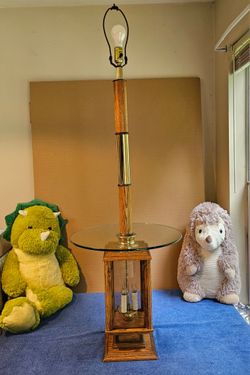 Vintage Don Ward Floor Lamp Glass Side Table 1970s-80s MCM Hollywood Regency Solid Oak. Very Rare!!