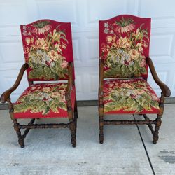 Vtg 20th Century Handwoven Floral Aubusson Arm Chairs Set Of 2