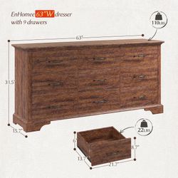 🥨EnHomee 9 Drawers Dresser, 63" W Farmhouse Dressers for Bedroom, Solid Wood TV Stand for TV up to 75” with Large Metal Handle