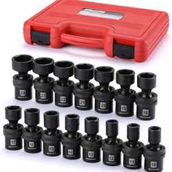 15-piece 1/2" Drive Shallow Universal Impact Socket Set, 6 Points, Metric, 10-24mm, Swivel Socket with Flexible Wobble, CR-MO, Heavy Duty Storage Case