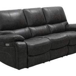 Grey Top Grain Leather Reclining Sofa with USB