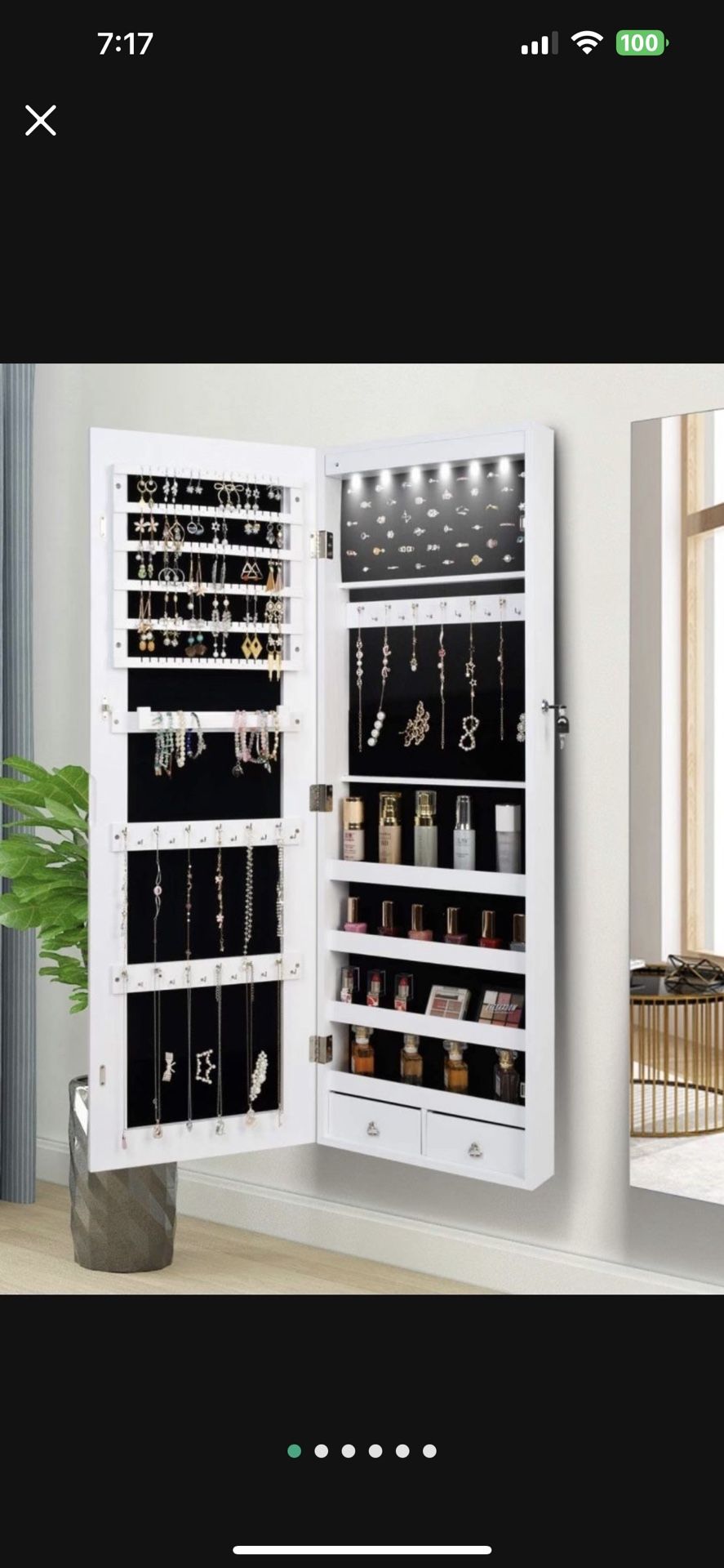 6 LED Lights Lockable Full Mirror Full Screen Jewelry Organizer Wall /door Mounted  New Still In Box