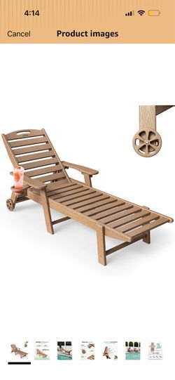 Chaise Lounge Outdoor, Lounge Chair Outdoor with Wood Texture, Adjustable 5-Position Backrest, HDPE Lounge Chair with Wheels & Cup Holder for Pool Dec