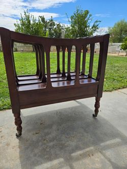 Vintage Wood Magazine Rack on Casters