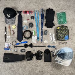 HUGE Accessories & Gear Bundle – Sequin Hat, Ties, Gym Belt, Gloves, Sunglasses, Bag + more